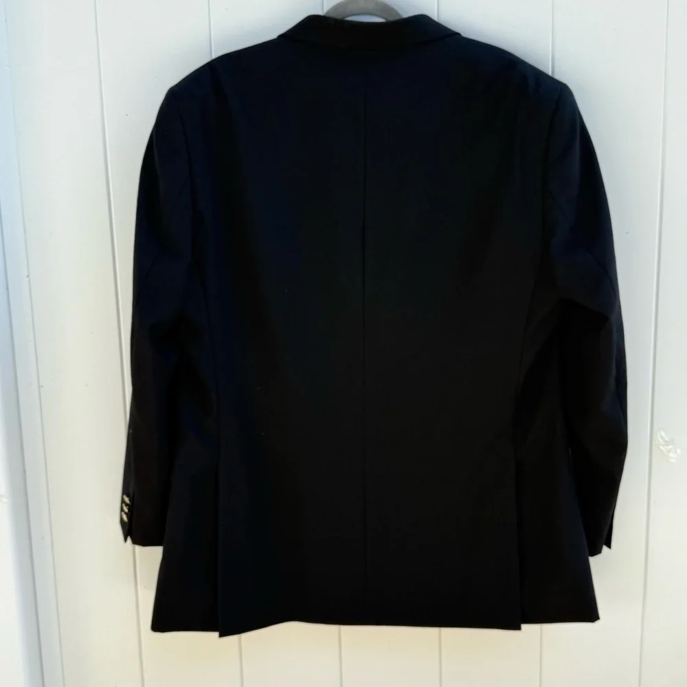 Black Wool Blazer Mens 46L Double Gold Crested Buttons Wedding Guest Coat/Jacket